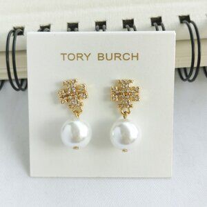 Tory Burch - Logo Pearl - Gold Clear Crystal Drop Earrings